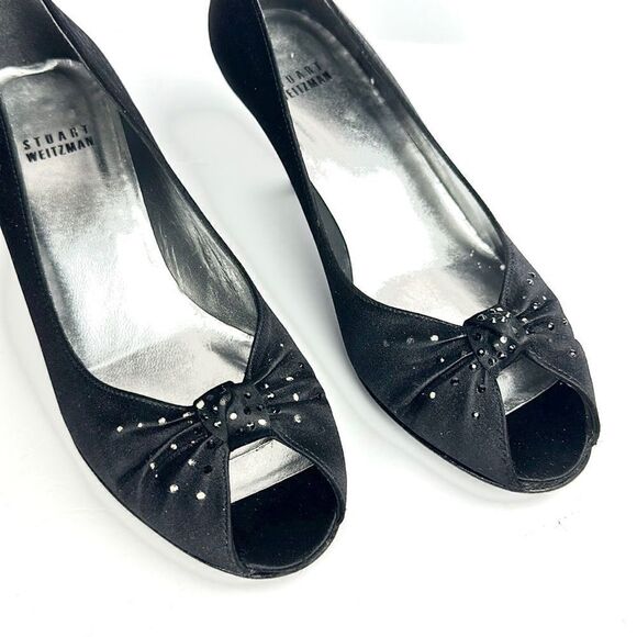 Stuart Weitzman Black Peau De Soie Satin
Peep Toe Tonal Rhinestone Accent Pumps - Picture 2 of 12
